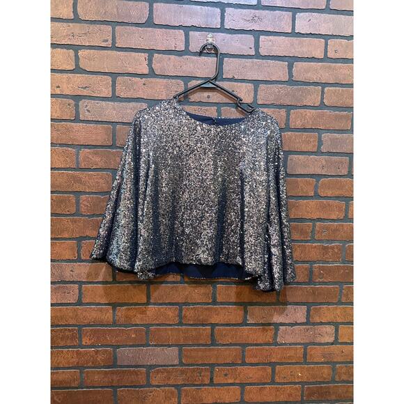 Lulus Captivate Navy Blue Sequin Bell Sleeve Crop Top Glamour Size Medium Party - Picture 3 of 11